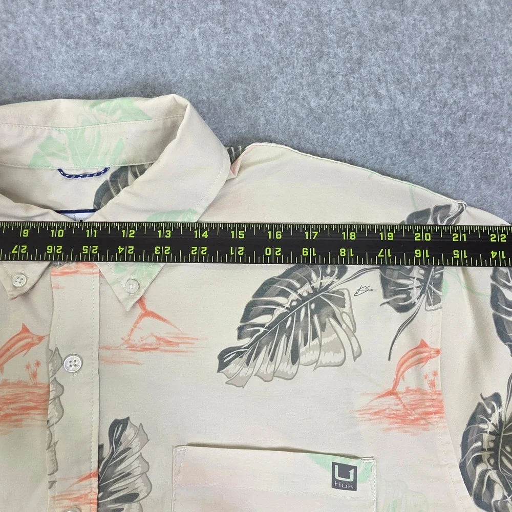 Huk Men's XXL Beige‎ Tropical Marlin Palm Leaf Button Down Shirt H1500192-106